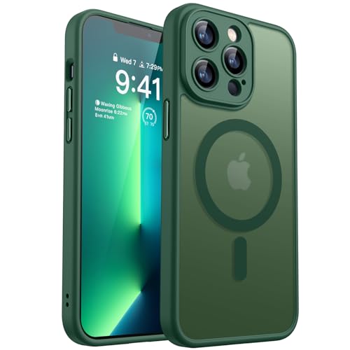 CANSHN Funda Magnética para iPhone 13 Pro(6.1 Pulgadas), Compatible con MagSafe, [Protección Total de La Cámara] Carcasa Fondo Mate Translúcido,Verde Oscuro