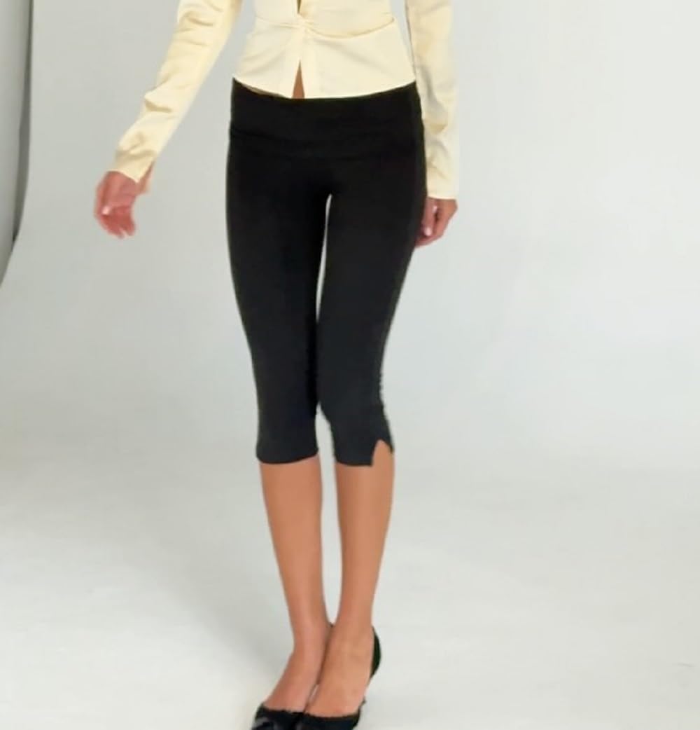 Women Fold Over Capri Leggings with Slit Y2k Low Rise Capri Pants Dressy Casual Split Hem Cropped Pants