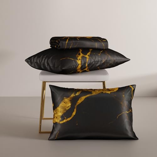 Image of Stoa Paris 300TC UltraSatin King Size Bedsheet with 2 Pillow Covers, Hypoallergenic, Breathable, Gentle On Skin & Hair, Fade & Wrinkle Resistant, Wedding Gift for Couples, Louvre - Black, Gold