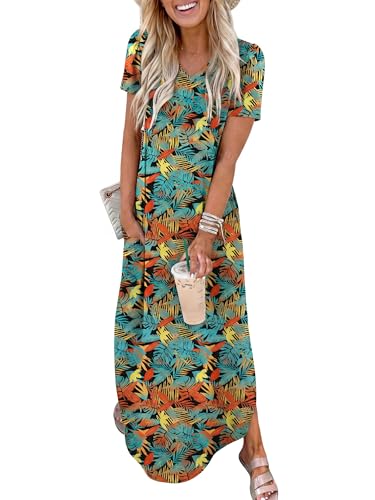 ANRABESS Women’s Summer Maxi Dress V Neck Short Sleeve Slit Side Shirt Dress Loose Fit Travel Beach Dress with Pockets Orange Blue Floral Small