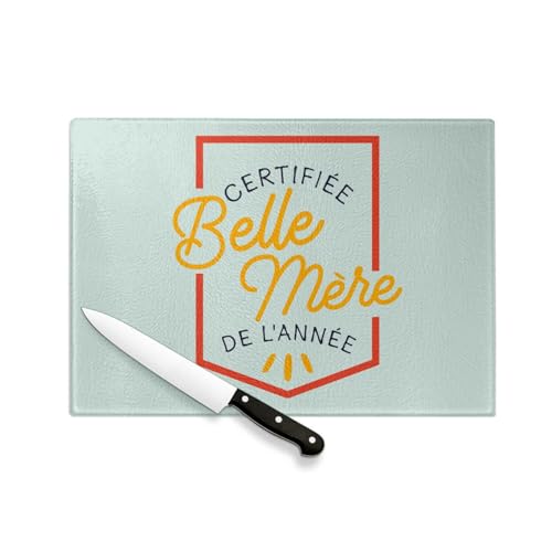 Planche à Découper en Verre Trempé - Certifiée Belle-Mère de l'Année Famille Belle-Maman - Protection Plan de Travail et Dessous Plat Résistant Chaleur 2 Tailles Imprimé en France
