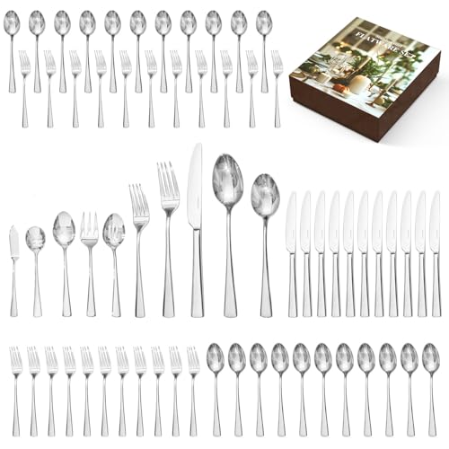 KINGSTONE Silverware Set, Forged 18/10 Stainless Steel Flatware Set, Mirror Finish Cutlery Set for Home, Restaurant, Wedding, Party, Dishwasher Safe, 65-Piece, Silver Silver 65-Piece