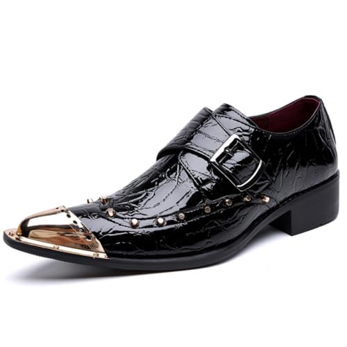 Image of Men's Pointed Toe Dress Shoes Metal Tip Buckle Strap Studded Patent Leather Formal Footwear (Black,7.5)