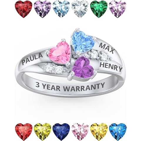 PaulaMax Jewelry Mothers Ring with 3 Birthstones – Custom Engraved Birthstone Ring for Women in Sterling Silver or White Gold – Personalized 3 Heart Birthstones, Size 7.5 Cover