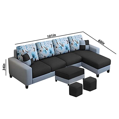 Image of Orland 8 Seater RHS L Shape Sofa with Center Table & 2 Puffy | Color - (Black Grey Fabric)