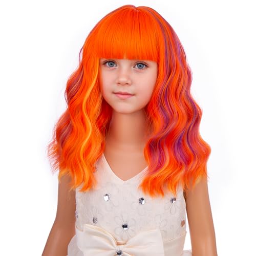Image of PATTNIUM Orange Purple Mixed Pink Wig with Bangs Child Short Rainbow Wavy Curly Wig Girls Multi Color Bob Wigs Synthetic Halloween Party Cosplay Wigs