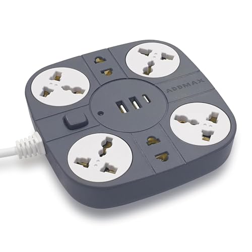 Image of ADDMAX Extension Board with USB | 6 Power Sockets, 2 USB Ports + 1 Type-C Port | 5 Meter Heavy Duty Cord | 10A 220V Multi Plug Extension Cord | Fireproof Power Strip for Home, Office & Laptop - Grey
