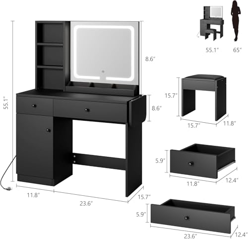 GAOMON Vanity Desk with Mirror and Lights, Makeup Vanity with 2 Drawers & 2 Shelves & One Door, 3 Lighting Modes Adjustable Brightness, Bedroom Dressing Table, Black
