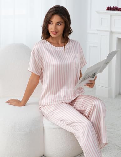 Image of THXSILK Mulberry Silk Womens Pajama Set with Pocket, 2 Piece Lounge Sets for Women, Short Sleeve Sleepwear