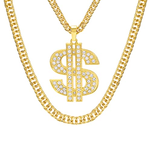 Huitian Intl Gold Chain With Dollar Sign Big Money Necklaces For Men Women Stainless Steel Rhinestone Jewelry Fashion Pendants With 28 Inches Cuban Chain (Dollar-A) #TOP1