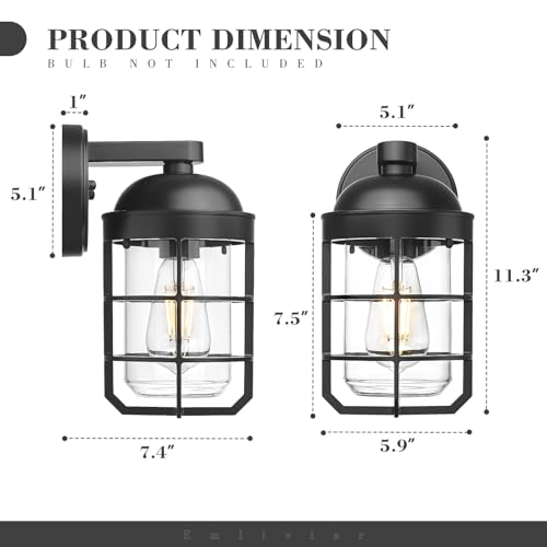 Image of Emliviar 2-Pack Outdoor Exterior Wall Light Fixtures for Porch, 11.3 Inch Black Wall Mount Lantern with E26 Bulb Base, Clear Tempered Glass, GE255BL-2PK BK