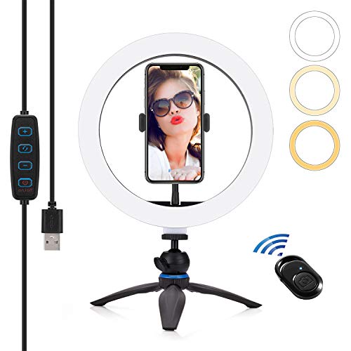 Phinistec Luz de Anillo LED con Tripode, 10 Fotografía Aro de Luz con Control Remoto Bluetooth, Soporte Giratorio de teléfono, Regulable Anillo de Luz LED con para Selfie/Maquillaje/Youtube/TIK Tok