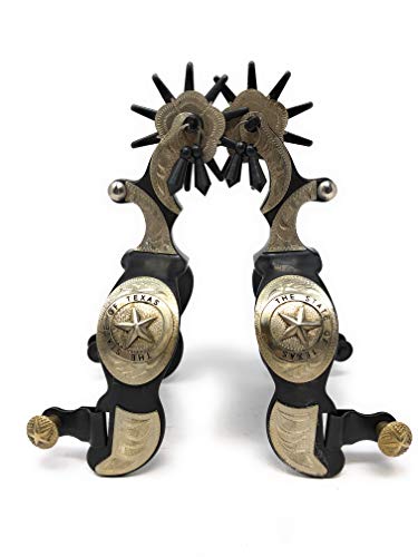 AJ Tack Wholesale Texas State Show Spurs Black Steel Silver Engraving Jingle Bobs Chap Guard Mens