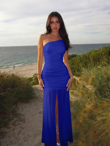Image of LAGSHIAN Women's Elegant Formal Long Dress One Shoulder Sleeveless Ruched Bodycon Evening Dress
