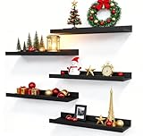 RICHER HOUSE 5 Set Floating Wall Mounted Shelves, Black Shelves for Wall Decor, Modern Picture Ledge Shelf with Lip for Storage, Nursery, Bedroom, Living Room, Bathroom - Black