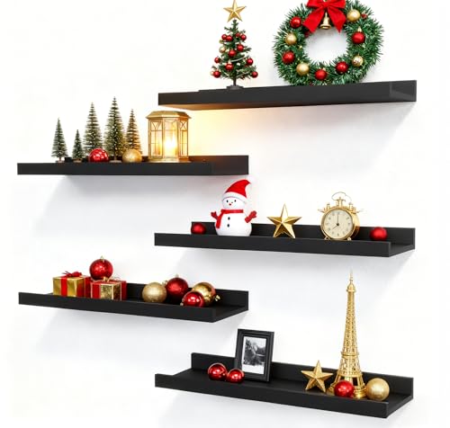 RICHER HOUSE 5 Set Floating Wall Mounted Shelves, Black...