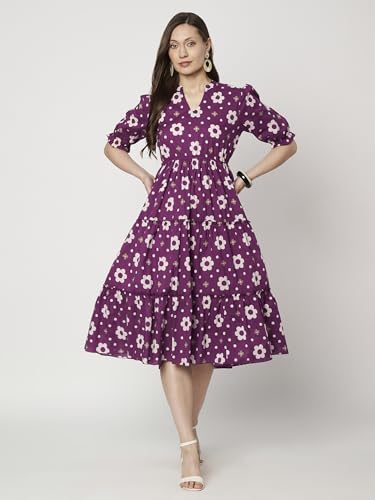 Image of Women's Floral Summer Maxi Dress I Cotton Printed I One Piece Bodycon Midi Dress with V-Neck, Puffed Sleeves