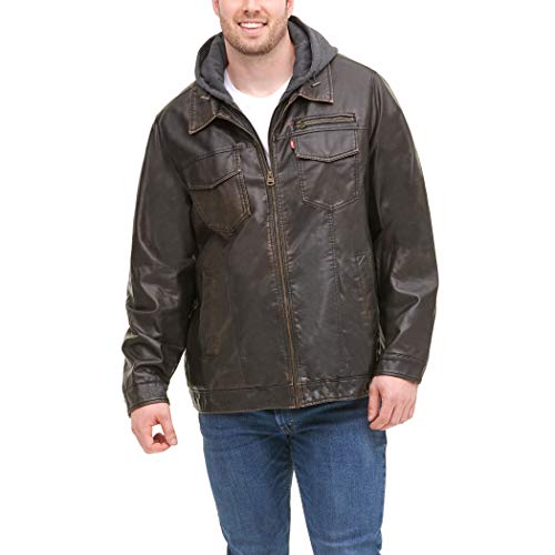 Image of Levi's Men's Faux Leather Hooded Trucker Jacket With Sherpa Lining (Regular & Big & Tall Sizes)