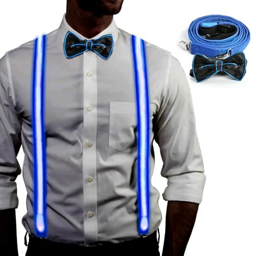 Mstnoixgc Pajarita y Tirantes LED para Hombre, Azul Tirantes Luminosos, Pajarita LED Hombre, Adecuado para Festivales de MúSica, Halloween, Fiestas de Disfraces, Navidad, Fiestas en Bares