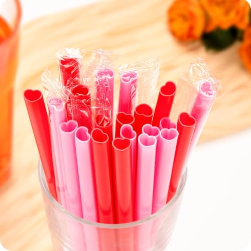 Image of 100pcs Heart-Shaped Ruby Red, Rose Pink Straws, Individually Wrapped (10mm)
