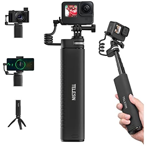 TELESIN Power Grip 35.4"/90cm Extension Selfie Stick Handler Compatible for Go Pro 12 11 10 9 Insta360 DJI Action Canon Sony iPhone Android Water-Proof Large Capacity Battery Charger Weight 400g Cover
