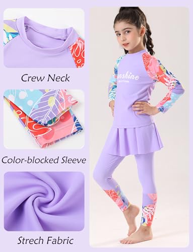 Image of Happy Cherry Girls Rash Guard Swimsuit 3 Piece Long Sleeve Swim Shirt with Shorts Long Pants Bathing Suit Swimwear