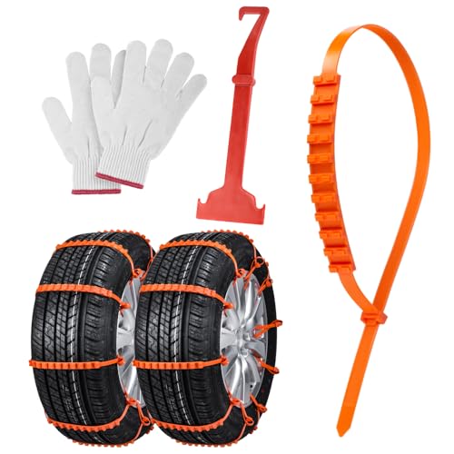 12 Pcs Snow Tire Chain, Reusable Portable Adjustable Plastic Non-Slip Cable Tie, Universal Emergency Tire Chains for Winter Driving, Security Chains Fit for Most Car Sedan SUV Truck, Orange
