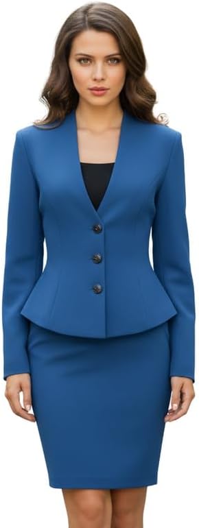 Women’s Peplum Blazer Skirt Set Stand Collar with Three Buttons Stretch Fabric for All-Day Comfort