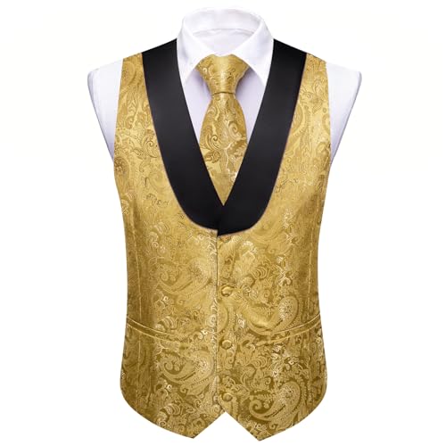 Barry.Wang Mens Paisley Vest Tie Set Silk Jacquard Flower Shawl Collar Suit Waistcoat Tuxedo 6PC Wedding Party2