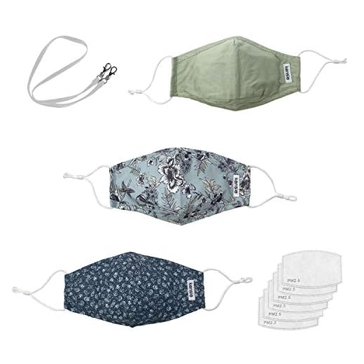 kensie Women's Standard 3-Piece Face Mask Plus 6 Air Filters Set and Lanyard, Sage Patterns, 10