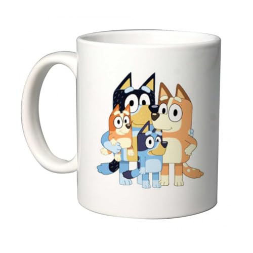 irpot Tazza colazione bianca in ceramica con stampa personaggio a scelta possibilità di personalizzazione Idea regalo festa a tema compleanno battesimo natale bomboniera (Bluey)