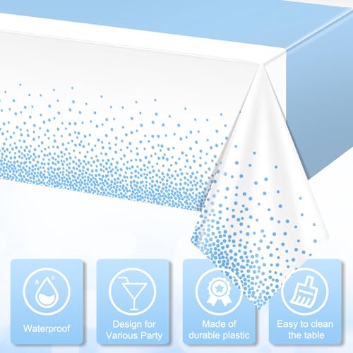 Image of MASHAN 6Pcs White and Light Blue Polka Dot Plastic Rectangular Tablecloths, 54x108 Inch, Spill Resistant, Perfect for Birthday, Wedding, Graduation Parties