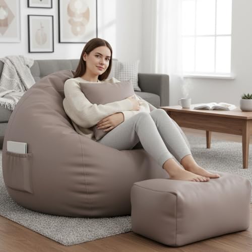 Image of Luxury 5XL Jumbo Bean Bag with Footrest & Cushion | Premium Leatherette | High-Density Beans Filled | Heavy Duty Double Stitch | 6 Months Warranty Color- (Navy Blue) (Beige)