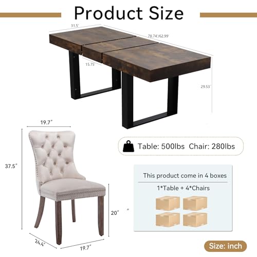 Image of Rustic Brown Dining Room Table Set for 4, 5-Piece 63 inch-78.74 inch Extendable Dining Table Set with 4 Upholstered Chairs, Rectangle Wooden Expanding Kitchen Table and Beige Chairs Set