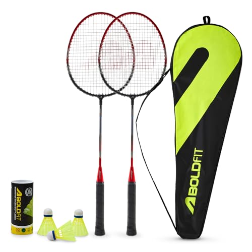 Image of Boldfit Badminton Rackets Aluminium Badminton Racket with Full Cover Bag Standard Shuttle Bat Match Shuttle Bats Lightweight Badminton Shuttle Bat Aeroflex - Red Set
