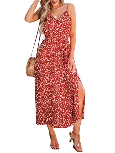 Image of CUPSHE Women's Summer Beach Dress Ditsy Floral Spaghetti Strap Waist Tie Side Slit Midi Dresses