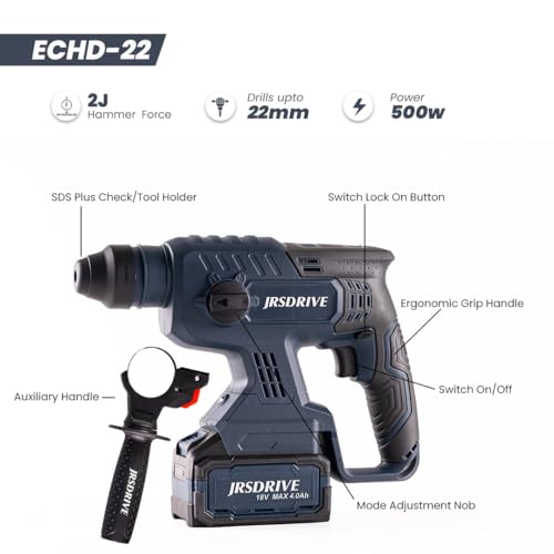 Image of Eastman Cordless Brushless Rotary Hammer 500W with Lithium Battery, 22mm chuck, 1400RPM No Load Speed, 4700BPM impact Energy Comfort Grip and Free Socket Drilling Machine (ECHD-22)