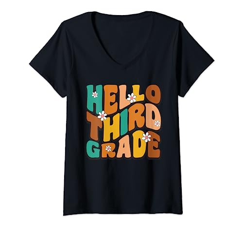 Hello 3rd Grade Shirt Boy Girl Back to School Letter Graphic V-Neck T-Shirt