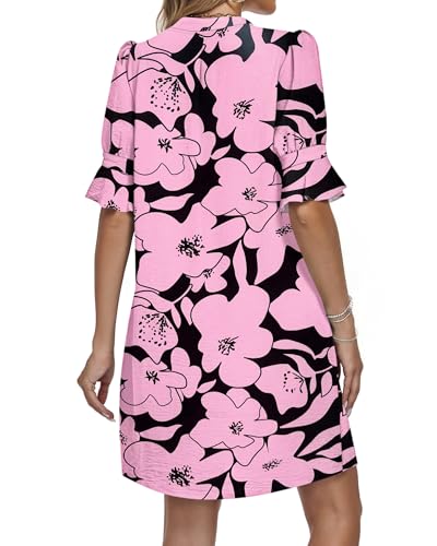 AUSELILY Women's Shift Dresses V Neck Ruffle Short Sleeve Casual Summer Dress with Pockets, Black Pink Flower XL — view 5