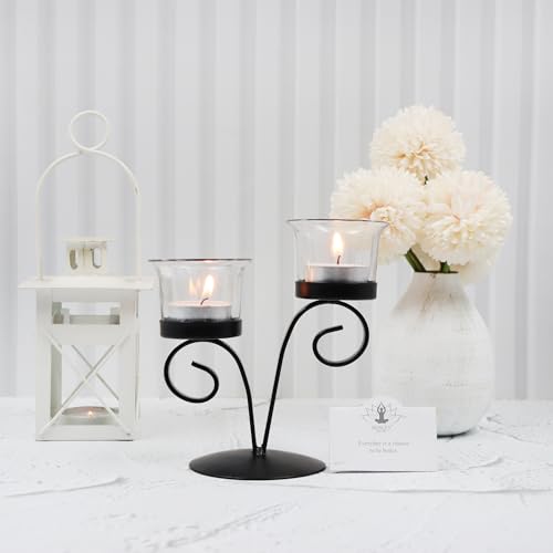 Image of HOSLEY Clear Glass Tealight Candle Holders|Black Tealight Candle Holders With Glass Holders Perfect For Home Decor Tabletop Centerpiece| Pack Of 1 With Pack Of 2 Tealights, Black Matty
