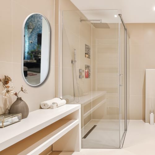 Image of Modern Elegance Capsule Shape Wall-Mounted Mirror Metal Framed Wall Mirror Bathroom Mirror Living Room Mirror Home Decor Mirror 24 x 48 Inches White MF 106
