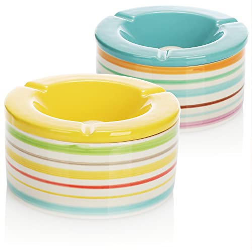 com-four® 2x cendriers à vent en céramique dolomitique - cendriers anti-tempête résistants aux intempéries avec rayures colorées - grands cendriers de table avec couvercle (02 pièces 14cm jaune bleu)