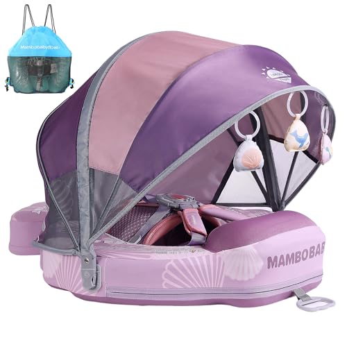 Image of Mambobaby Float Add Tail Baby Swim Float with Canopy Solid Pool Infant Swim Trainer Swimming Training Lying Air Free Water Floats Non-Inflatable Waist Swim Ring for Toddlers (Shell - Purple)