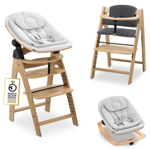 hauck Hochstuhl Arketa Newborn Set Eco Bouncer - mitwachsender Holz Babyhochstuhl ab Geburt, inkl. Neugeborenenaufsatz & Sitzpolster - Eiche