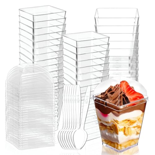 Legredic 25Pack 5oz Plastic Dessert Cups with Lids and Spoons, Square Clear Parfait Appetizer Cups, Mini Reusable Shooter Serving Cup, Party Dessert Shot Glasses for Tasting