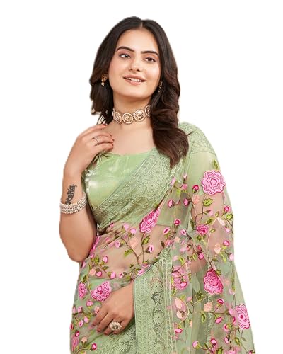 Image of VAIRAGEE Women's Beautiful Soft Net Embroidery Saree With Unstitched Blouse 6079