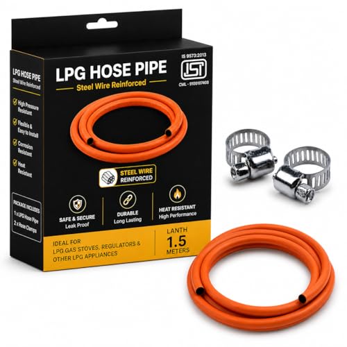 Image of SR LPG Hose Pipe 1.5 Meter | Flame Resistant & Leak Proof Gas Pipe | Reinforced Steel Wire Inside, Heavy Duty Rubber Outside | with 2 Clamps | LPG Tube for Home Kitchen (1.5 Meter)