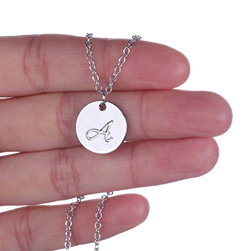 AOLO Silver Color Initial Disc Necklace Script Cursive A