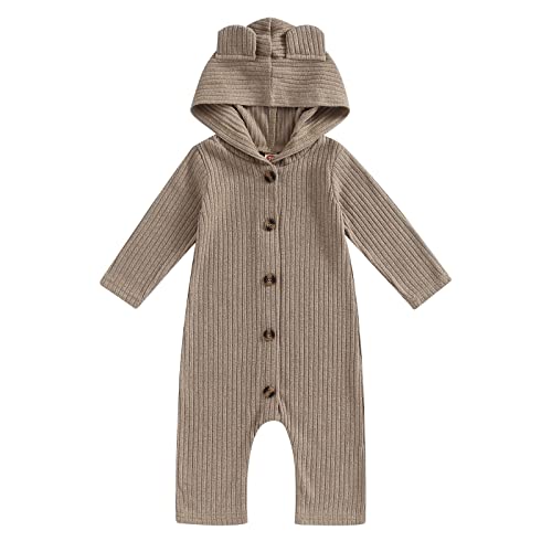 Image of Ynibbim Winter Newborn Baby Boy Girl Solid Romper Unisex Infants Hooded Outfit Clothes Waffle Cotton Button Jumpsuits