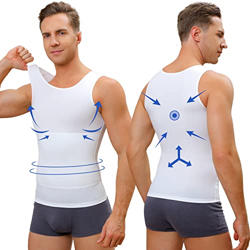 Mens Compression Shirt Slimming Body Shaper Vest Workout Tank Tops Abs Abdomen Undershirts (White, X-Large) #TOP2